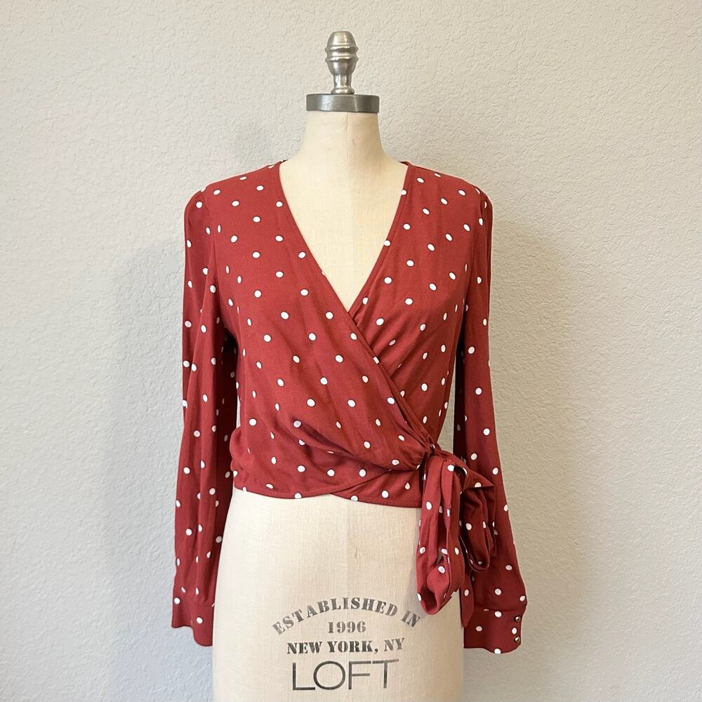 COUNTRY ROAD Wrap Top Brick Red Polka Dot Long Sleeve Retro NWT